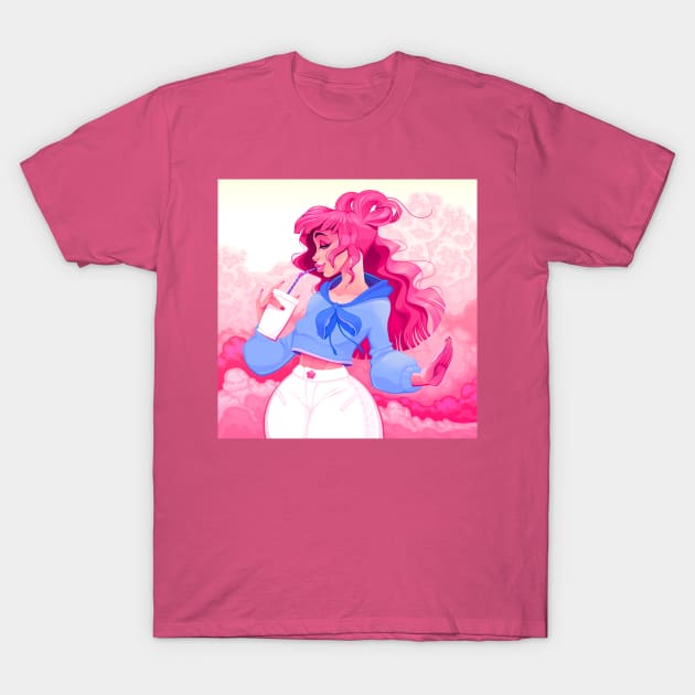 Beautiful girl is drinking by a straw in a pink atmosphere T-Shirt by ddraw